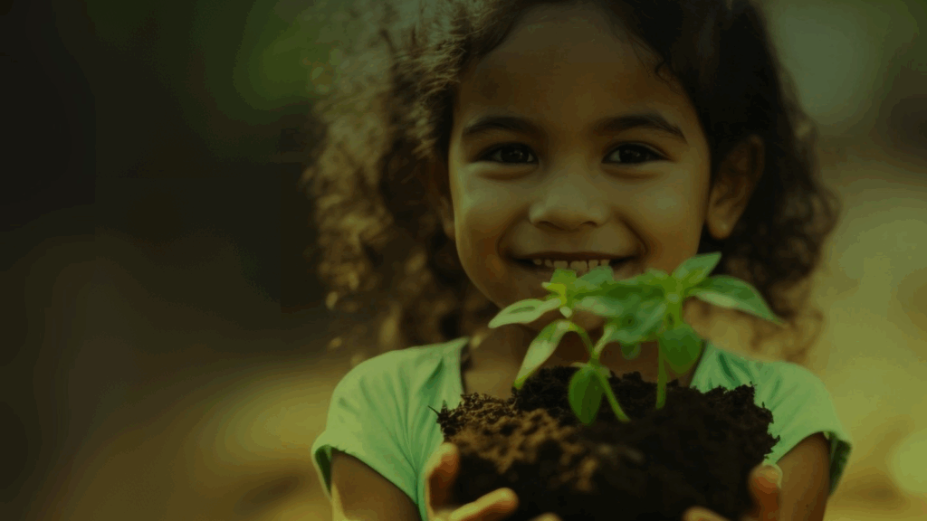 Criança sorridente segurando uma muda de planta com terra nas mãos, simbolizando cuidado com o meio ambiente e esperança por um futuro sustentável.