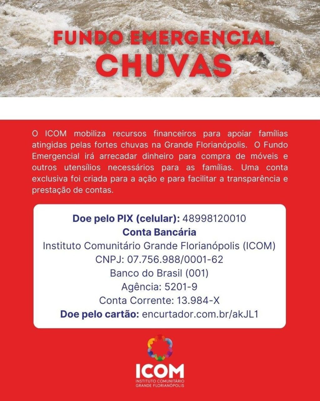  ICOM abre fundo emergencial para apoiar famílias atingidas pelas fortes chuvas na Grande Florianópolis