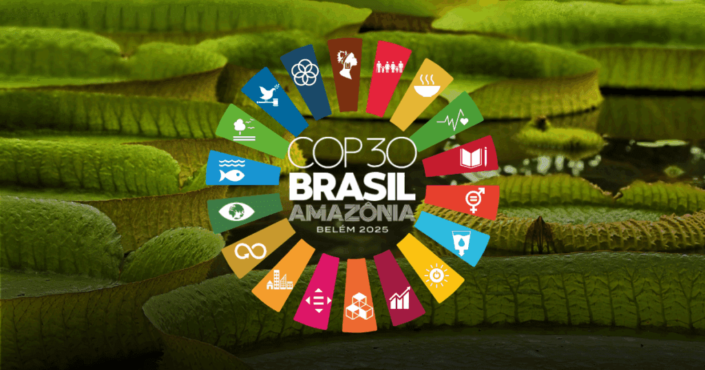 Logotipo da COP30 Brasil Amazônia Belém 2025 com ícones dos 17 Objetivos de Desenvolvimento Sustentável (ODS) dispostos em círculo sobre fundo de folhas de vitória-régia na Amazônia.