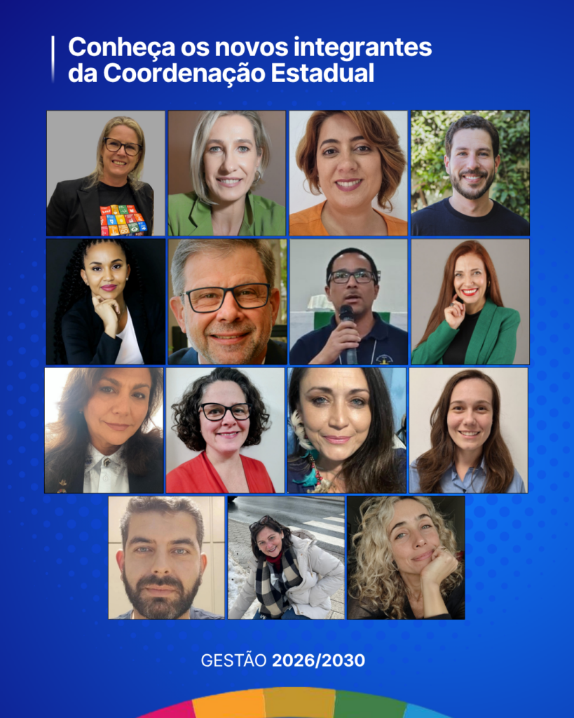 Imagem com mosaico de fotos dos integrantes da nova Coordenação Estadual e Conselho Fiscal do Movimento ODS Santa Catarina para a gestão 2026–2030, com retratos individuais organizados em grade sobre fundo azul.