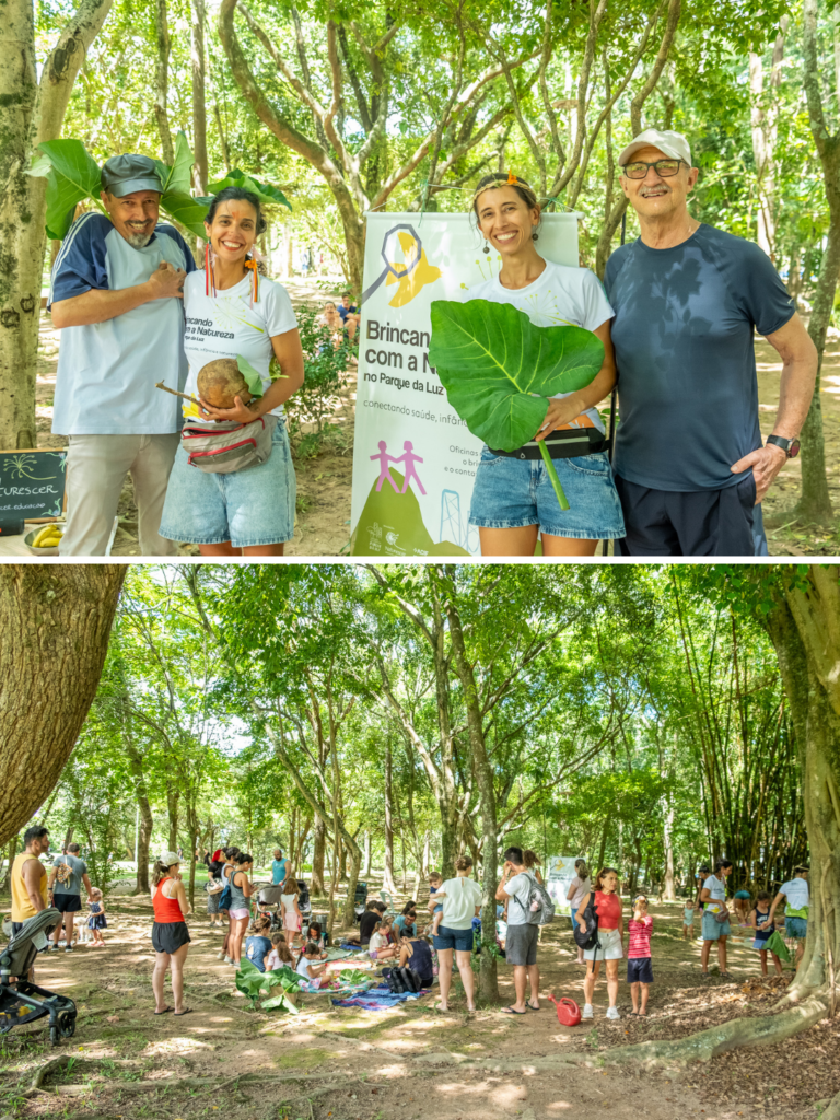 Montagem com duas fotos de uma atividade no Parque da Luz. Na primeira, quatro pessoas sorriem em meio à vegetação, ao lado de um banner do projeto “Brincando com a Natureza no Parque da Luz”; duas delas seguram elementos naturais. Na segunda, famílias, crianças e educadores participam de atividades ao ar livre em uma área arborizada do parque.